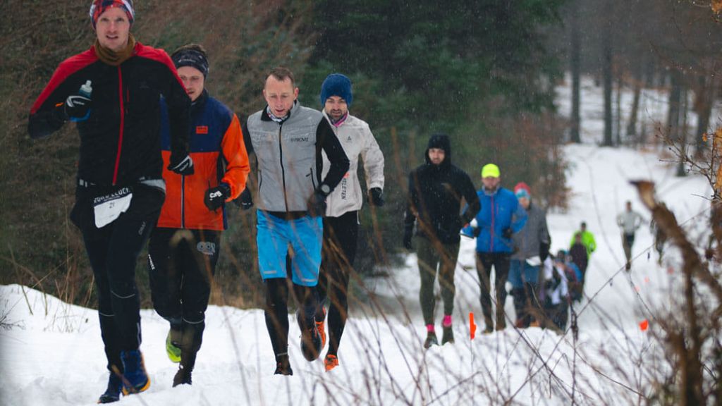 Løbere i Rold Skov i sne om vinteren